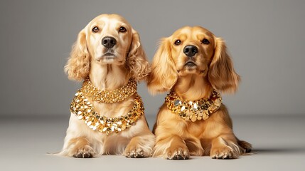 Two Adorable Dogs in Shimmering Gold Necklaces Posing Elegantly in a Studio Setting, Showcasing Their Charming Expressions and Playful Personalities