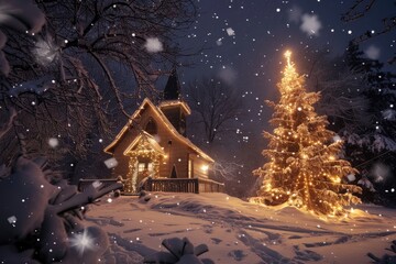 Fototapeta premium house in the snow with big golden lights tree winter night background