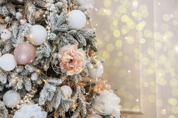 Festive Christmas tree adorned with delicate ornaments and soft lights