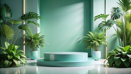 Obraz premium Serene Green Studio Display with Tropical Plants and Minimalist Pedestal