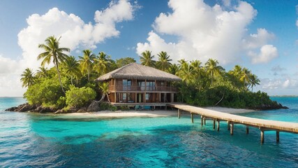 Obraz premium Luxury overwater villa with thatched roof on private tropical island, connected by wooden pier to crystal clear turquoise lagoon. Paradise setting with swaying palm trees and white sand beach