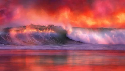 Fiery Sunset Wavescape, Ocean Waves Crashing, Dramatic Seascape, Vibrant Coastal Sunset © Ilja
