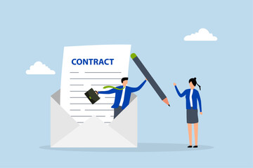 Remote recruitment, Clever businessman presents pen to candidate for signing contract from email envelope. 