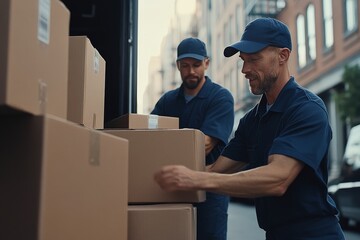 Delivery workers transporting parcels in an urban setting during daylight hours