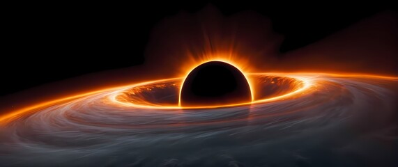 A massive black hole pulling in a swirling accretion disk of bright white and deep orange plasma streams