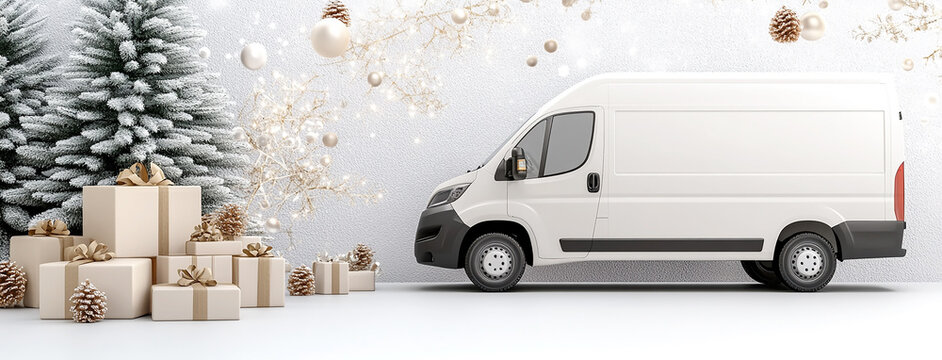 seasonal christmas company advertisement background with white color mini express cargo van mockup ready to home deliver gift boxes packed for customers 
