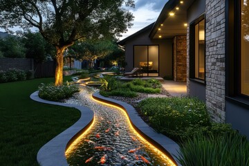Obraz premium Modern luxury home exterior curved illuminated pathway