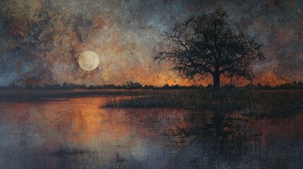 Serene moonlit landscape with a lone tree reflected in still water at sunset.