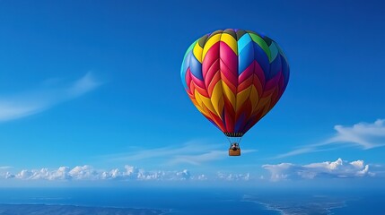 Fototapeta premium Colorful Hot Air Balloon Soaring Over Scenic Landscape with Clear Blue Sky