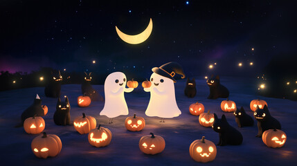 Ghosts Black Cats And Glowing Pumpkins Under A Starry Crescent Moon Halloween Sky