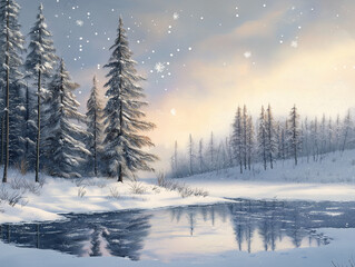 Obraz premium Serene Snowy Landscape with Pine Trees, Frozen Lake, and Gentle Snowflakes in a Peaceful Winter Wonderland