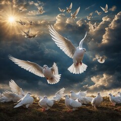 Obraz premium A dove flying alongside angels in a heavenly scene.