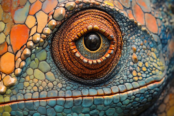 Naklejka premium A close up of a chameleon's eye with a colorful pattern on it's face