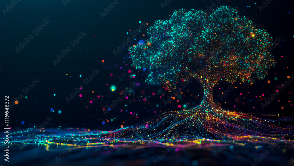 Poster a digital tree with branches and roots made of glowing data points symbolizes the growth and develop