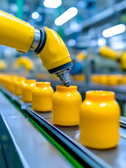 Fototapeta premium Automated robotic arm bottling yellow containers manufacturing facility industrial process clean environment close-up view automation technology