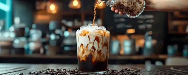 A refreshing iced coffee drink is being prepared in a stylish café, with creamy swirls and coffee pouring over ice.