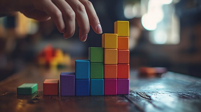 A colorful tower of blocks is being built, showcasing creativity and playfulness, with a hand adding the final piece.