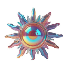 3D chrome element in Y2K style, isolated background, liquid holographic metal. Colorful sun with a rainbow colored frame.