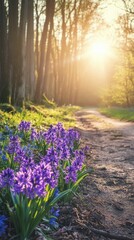 Obraz premium Sunlight filters through trees highlighting blooming flowers on a serene forest path
