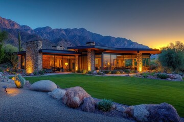 Modern luxury mansion mountain backdrop contemporary architecture