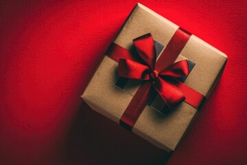 A brown gift box with a red ribbon bow on a red background background removed