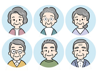 笑顔のシニア男女6人上半身アイコンセット