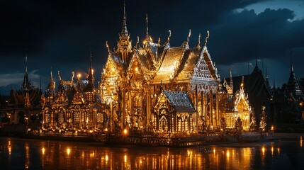 Obraz premium Night view of illuminated golden temple reflected in water.