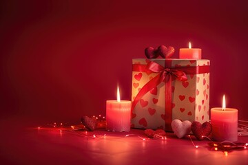 Romantic Valentines Day scene with candles  gift  and hearts background removed