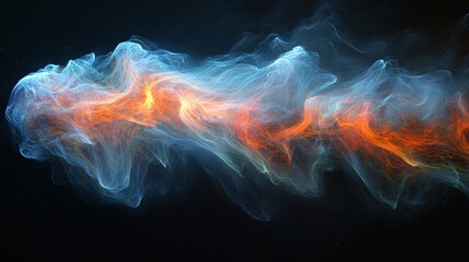 Fototapeta premium An abstract image showcasing colorful, ethereal wisps of smoke or light swirling in a dark background, creating a dynamic and fluid visual effect.