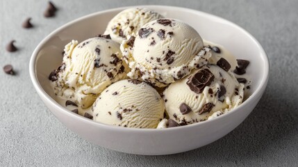 Creamy vanilla ice cream scoops with chocolate cookie bits, served in a white bowl on a textured surface.