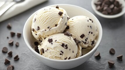 A bowl of creamy vanilla ice cream with chocolate chips, garnished with chocolate morsels, perfect for a sweet treat.