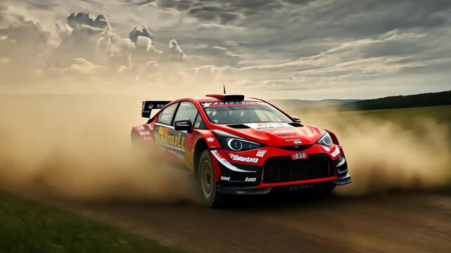 Car race rally competition in nature - International rally championship, crosses off-road terrain at high speed concept - Model by AI generative