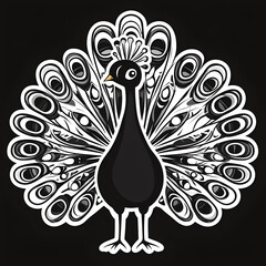 Fototapeta premium black and white, cute peacock with its feathers out, clip art, full body, flat design on white
