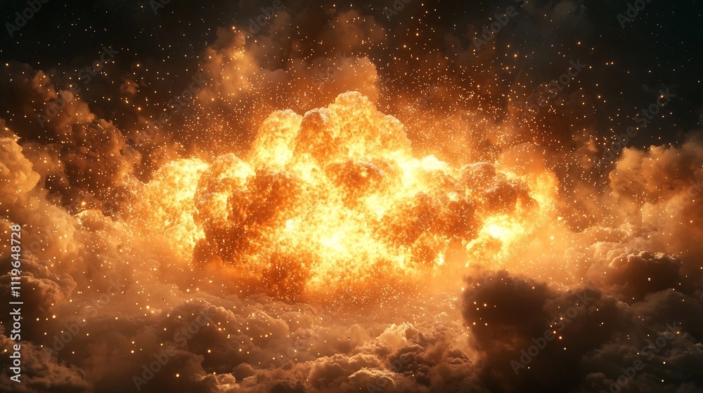Poster explosive virtual reality simulation with pixelated detonation burst and fiery digital code overflow
