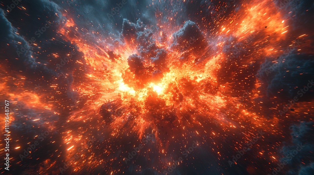Poster explosive digital detonation in virtual reality simulation bursting with pixelated light and code