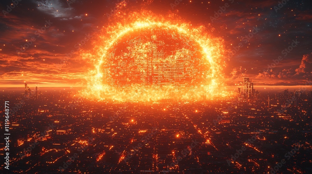Poster explosive virtual detonation in glowing pixelated burst of light and coding
