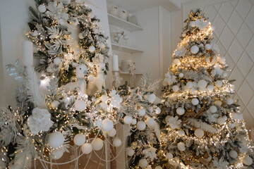 Elegant Christmas decorations with white trees and festive lights for 2025