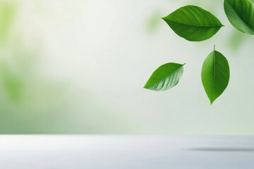 Floating green leaves representing freshness and nature in a minimalist setting