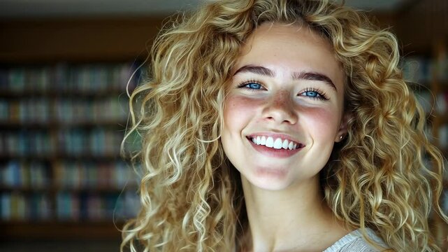 Portrait of smiling young woman with dimples showing perfect teeth