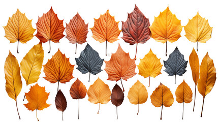 Obraz premium A close-up of autumn leaves glowing under sunlight, displaying their intricate patterns and hues, isolated on transparent background.