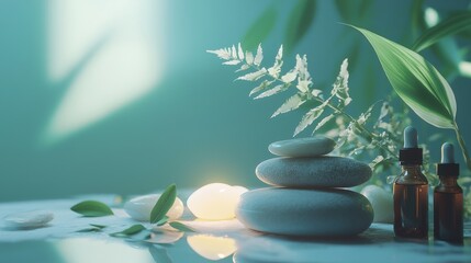 Obraz premium Relaxing spa treatment with stones and essential oils tranquil environment nature vibes
