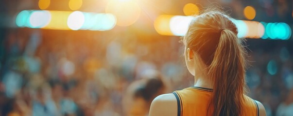 Naklejka premium A young woman watches a vibrant basketball game, illuminated by warm arena lights, capturing the spirit of sports and enthusiasm.