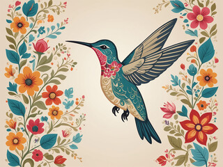 Colorful folk art hummingbird illustration with floral elements in a whimsical storybook style on a light beige background