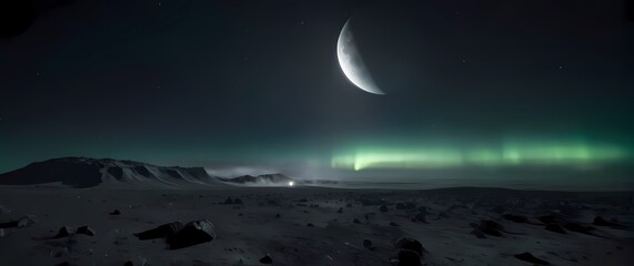 A lunar base lit by the flickering lights of a distant aurora visible over the horizon of a dark lunar sky