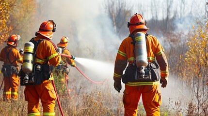 Firefighters tackle a wildfire, dressed in protective gear, using hoses to control flames in a natural landscape.