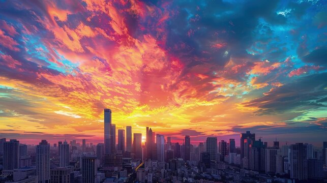 High-end photography of a vibrant city skyline at sunset with the sky ablaze with colors