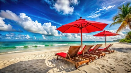 Fototapeta premium Tropical Beach Scene with Red Umbrella, Beach Chairs, and Vibrant Blue Sky â€“ Ideal for Relaxation and Holiday Imagery