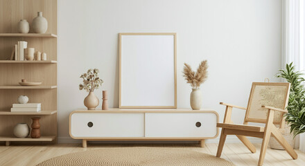 Blank frame mockup light wood DIN A 4 in living room on mockup vertical frame mockup Scandinavian interior