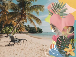 Retro tropical beach with collage art abstract background,  featuring abstract shapes, palm trees, and vivid colors evoking a nostalgic summer vibe. A blend of vintage and modern design elements.