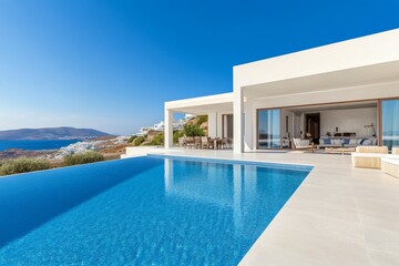 Fototapeta premium Modern villa with infinity pool overlooking the ocean in a coastal location